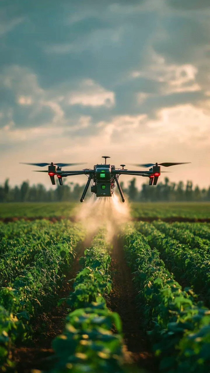 Agricultural drone surveying crop rows at sunrise