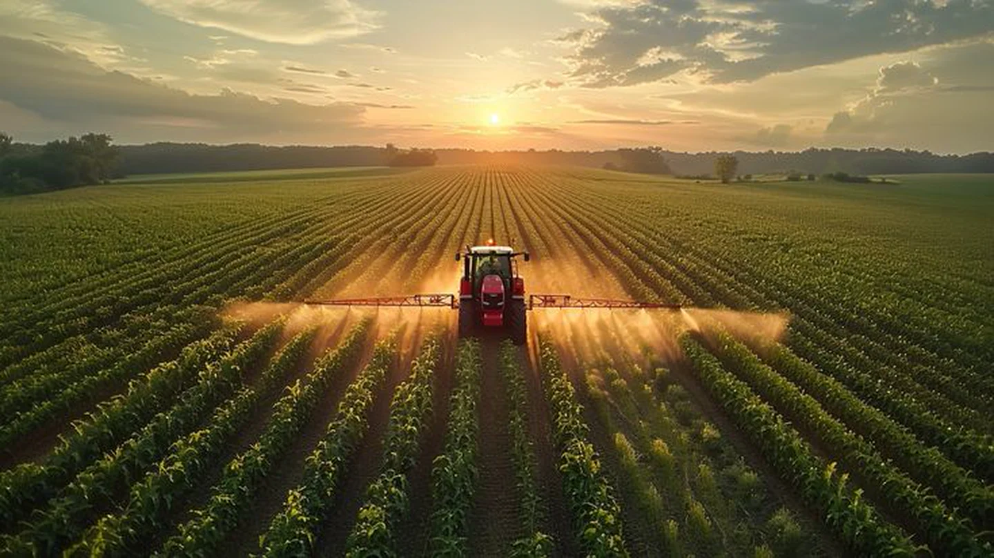 Tractor operating across agricultural rows at sunrise