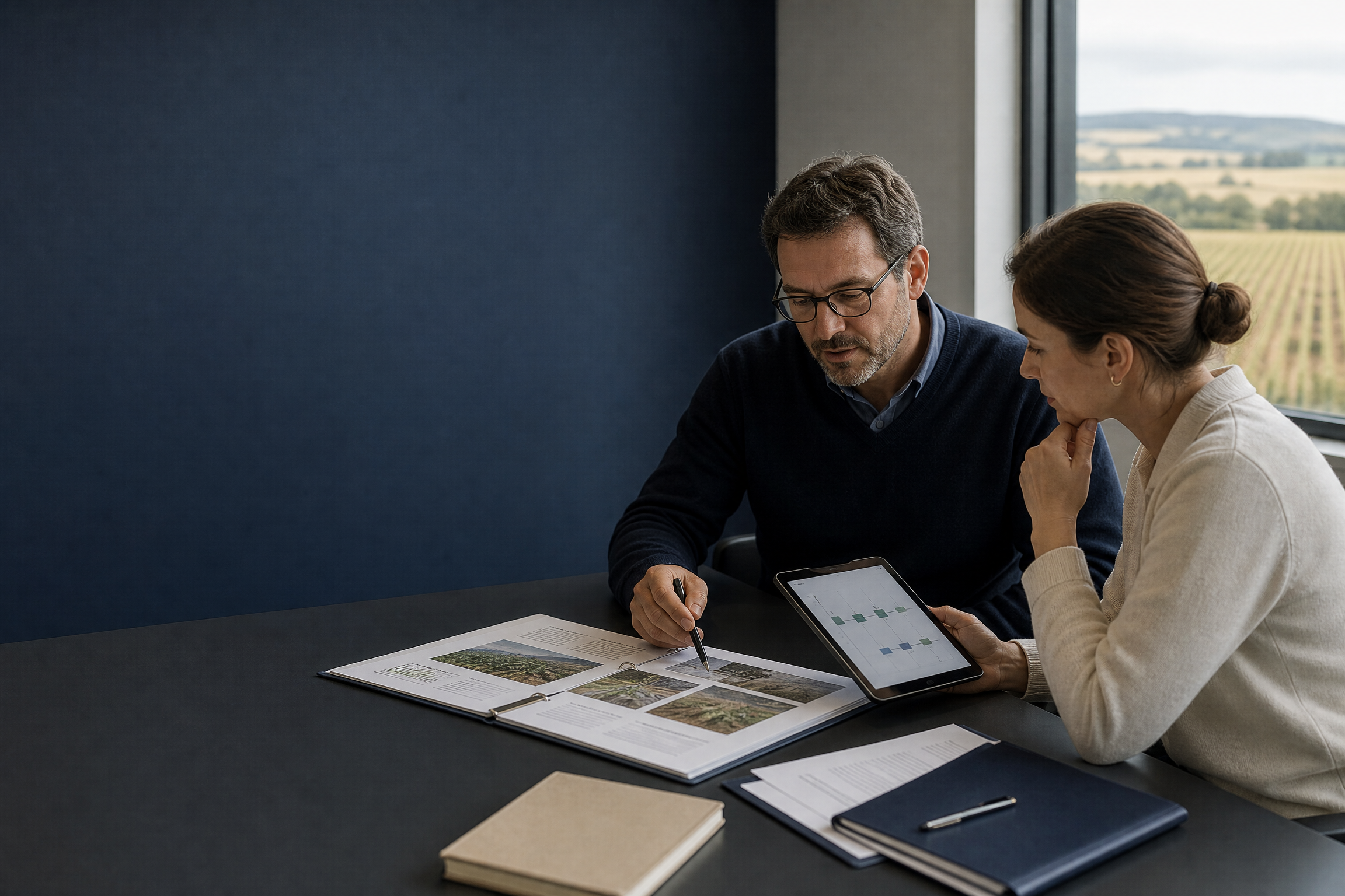 Professionals reviewing an agricultural evidence dossier
